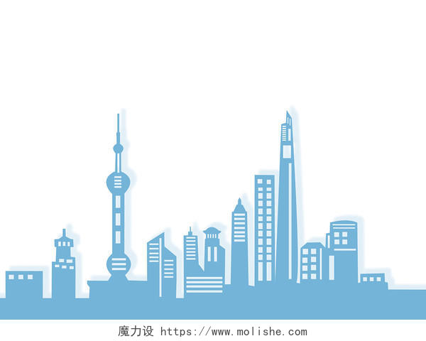 蓝色手绘简约上海城市建筑高楼大厦剪影元素PNG素材
